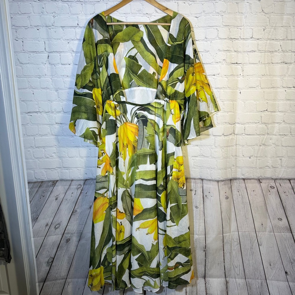 Farm Rio Banana Leaf Print Maxi Dress Green Yellow Open Back Kimono Sleeve‎ - Picture 7 of 12